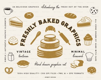 Freshly Baked Graphics - Bakery Icons - Dessert Clipart - Food Clipart - Baked Goods - Vintage Clipart - Instant Download - Commercial Use