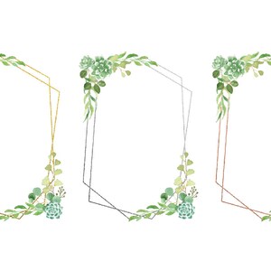 May include: Three geometric frames with greenery and succulents. The frames are gold, silver, and copper.
