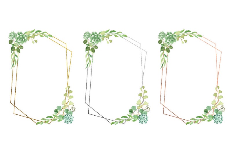 May include: Three geometric frames with greenery and succulents. The frames are gold, silver, and copper.