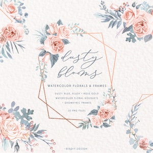 Watercolor Flower Clipart - Watercolor Bouquet Clipart - Dusty Blue, Dusty Rose, Blush Pink, Rose Gold - Frame Clipart - Greenery Clip Art