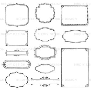 May include: A set of 12 black and white hand-drawn frames with various shapes and styles. The frames are perfect for adding a vintage touch to your designs.
