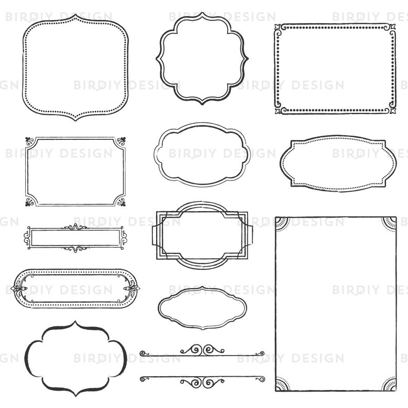 May include: A set of 12 black and white hand-drawn frames with various shapes and styles. The frames are perfect for adding a vintage touch to your designs.