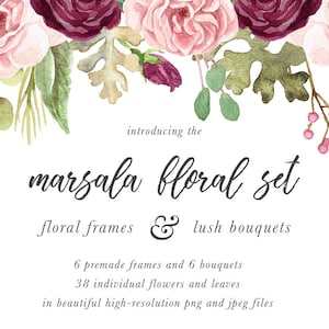 Marsala Floral Clipart - Aquarelle Floral Clipart - Bourgogne Clipart - Aquarelle Clipart - Frame & Bouquet Clipart- Fleurs Clipart