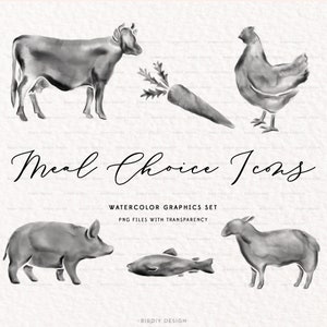 Icônes de choix de repas de mariage aquarelle - boeuf, poulet, porc, végétarien, fruits de mer, poisson, agneau, carotte - mariage Clipart - téléchargement immédiat