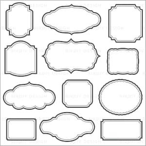 May include: Set of 10 black and white frame outlines. The frames are in various shapes, including square, rectangle, oval, and rounded rectangle. The frames are perfect for adding a vintage touch to your designs.
