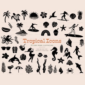 Ícones tropicais Clipart vintage • Clipart tropical • Ícone desenhado à mão • Clipart botânico vintage • Palmeira • Surfista • Download instantâneo