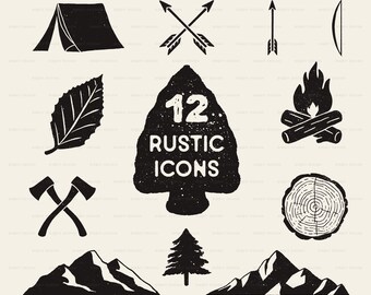 Rustic Camping Clipart - Woodland Clipart - Silhouette Icon - Mountain, Tent, Campfire, Arrow, Leaf, Axe, Wood Slice, Tree - Digital Clipart