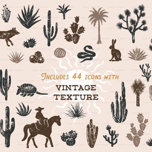 May include: A set of 44 vintage-style desert icons with a textured look. The icons include cacti, snakes, lizards, armadillos, coyotes, rabbits, and more. The icons are in black, brown, and white.