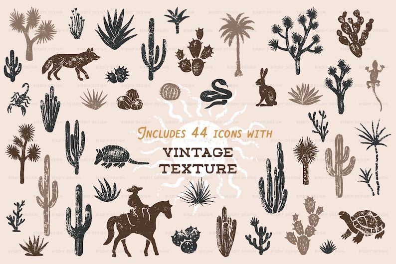 May include: A set of 44 vintage-style desert icons with a textured look. The icons include cacti, snakes, lizards, armadillos, coyotes, rabbits, and more. The icons are in black, brown, and white.