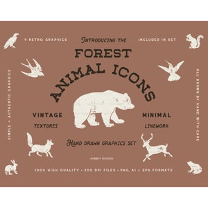 Forest Animal Icons Vintage Clipart • Woodland Animal Clipart • Rustic Clipart • Bear Fox Deer Bird Rabbit Raven Swallow • Instant Download