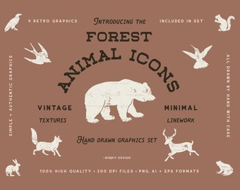 Forest Animal Icons Vintage Clipart • Woodland Animal Clipart • Rustic Clipart • Bear Fox Deer Bird Rabbit Raven Swallow • Instant Download