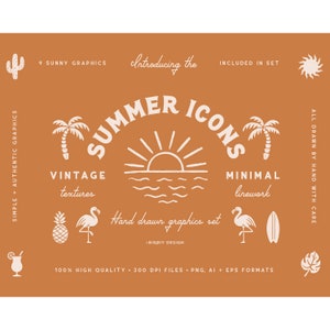 Conjunto de ícones de clipart de verão - Clipart de praia - Clipart de férias - Sol, surf, palmeira, flamingo, abacaxi, cacto, coquetel - download instantâneo