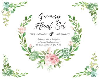 Watercolor Flowers Clipart - Greenery Clipart - Watercolor Leaves Clipart - Watercolor Wreath Clipart - Watercolor - Frame & Bouquet Clipart