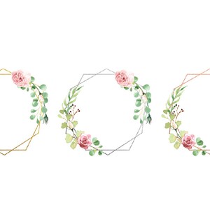 May include: Three geometric floral wreaths with pink roses and green leaves. The wreaths are gold, silver, and copper.
