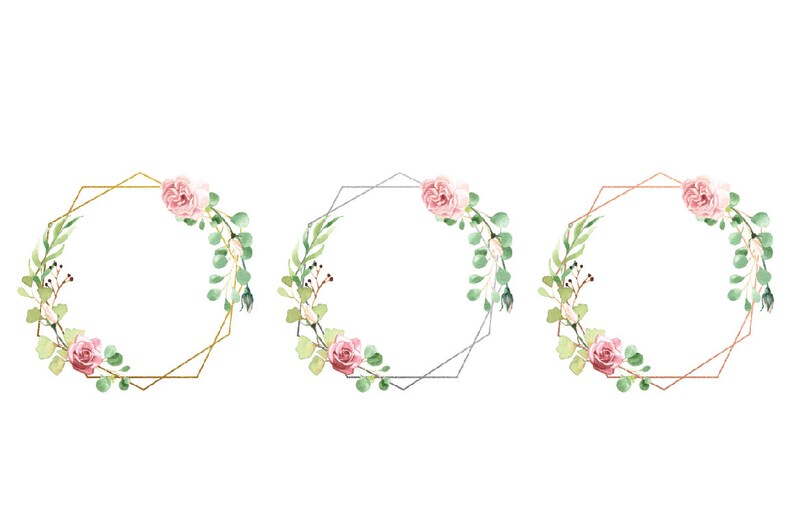 May include: Three geometric floral wreaths with pink roses and green leaves. The wreaths are gold, silver, and copper.