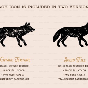 May include: Two versions of a black wolf silhouette illustration. The first version has a rough, vintage texture. The second version has a solid fill with textured edges. Both versions have a transparent background.
