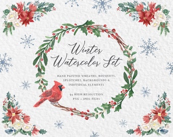 Christmas Watercolor Clipart - Christmas Clipart - Holiday Clipart - Snowflake Clipart  - Watercolor Flowers - Watercolor Wreath Clipart