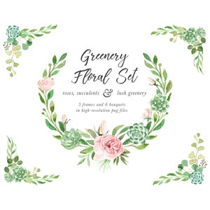 Watercolor Flowers Clipart - Greenery Clipart - Watercolor Leaves Clipart - Watercolor Wreath Clipart - Watercolor - Frame & Bouquet Clipart