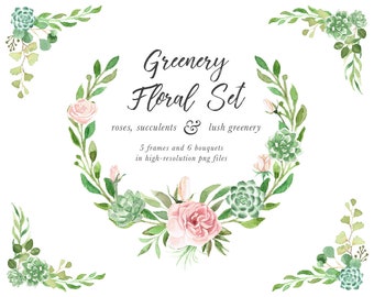 Watercolor Flowers Clipart - Greenery Clipart - Watercolor Leaves Clipart - Watercolor Wreath Clipart - Watercolor - Frame & Bouquet Clipart