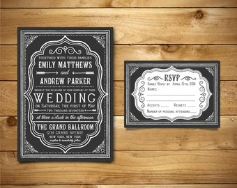 Printable Chalkboard Wedding Invitation & RSVP Templates - Dark Grey and White - Instant Download - Editable MS Word Doc - Peony Collection