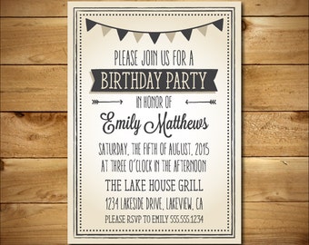 Birthday Invitation - Printable Vintage Style Template - Brown, Grey & White - Instant Download - Editable MS Word Doc