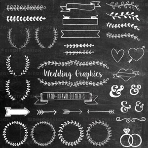 Chalkboard Wedding Clipart - Rustic Boho Wedding Clip Art - Wreath Arrow Clipart - Photoshop Brush - AI and PNG - Instant Download