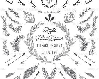 Rustic Woodland Clipart Bundle - Antlers, Banners, Flourishes - Rustic Clipart - Boho Clipart - Woodland Clipart - Tribal Clipart