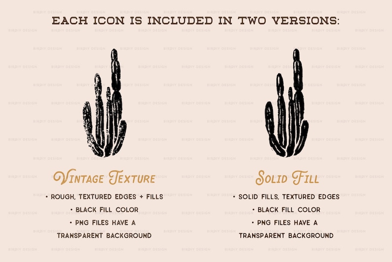 May include: Two versions of a black cactus illustration. The first version has a vintage texture with rough edges and fills. The second version has a solid fill with textured edges. Both versions have a black fill color and a transparent background. "EACH ICON IS INCLUDED IN TWO VERSIONS:" is written at the top of the image.