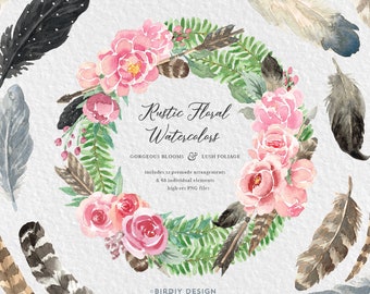 Rustic Floral Watercolor Clipart - Watercolor Rose - Watercolor Feather Clipart - Arrow Bouquet Clipart - Flowers Clipart - Rustic Boho