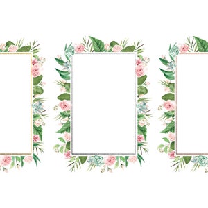May include: Three watercolor floral frames with different colored borders. The frames are decorated with pink and blue flowers and green leaves.