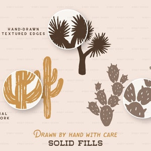 May include: Four hand-drawn illustrations of desert plants with textured edges. The illustrations are in brown, tan, and white. The text "HAND-DRAWN TEXTURED EDGES" is at the top of the image. The text "MINIMAL LINEWORK" is at the bottom left of the image. The text "DRAWN BY HAND WITH CARE SOLID FILLS" is at the bottom center of the image. The text "SIMPLE, YET DETAILED" is at the top right of the image.