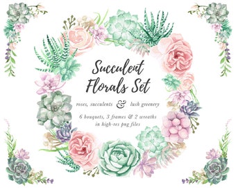 Watercolor Succulent Clipart - Watercolor Flowers - Watercolor Rose Clipart - Greenery Clipart - Watercolor Wreath Clipart - Watercolour