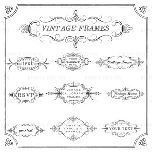 Può includere: Un set di nove cornici di calligrafia vintage con fioriture ornate. Le cornici sono in bianco e nero e includono testo come "Vintage Frames", "Your Text Here", "RSVP", e "Vintage Labels & Frames".