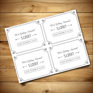 May include: Four white RSVP cards with black borders and ornate corner designs. Each card says "We're Getting Married!" with a date of "5.1.2017" and an arrow pointing to the right. The text "PLEASE RESPOND BY 4.15.2017" is below the date.