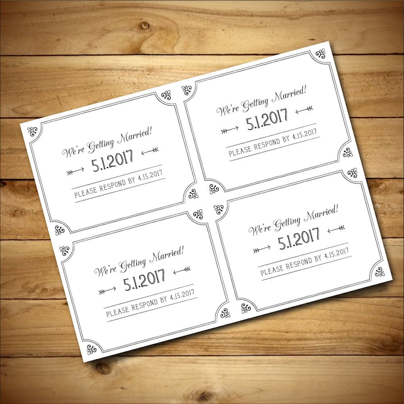 May include: Four white RSVP cards with black borders and ornate corner designs. Each card says "We're Getting Married!" with a date of "5.1.2017" and an arrow pointing to the right. The text "PLEASE RESPOND BY 4.15.2017" is below the date.