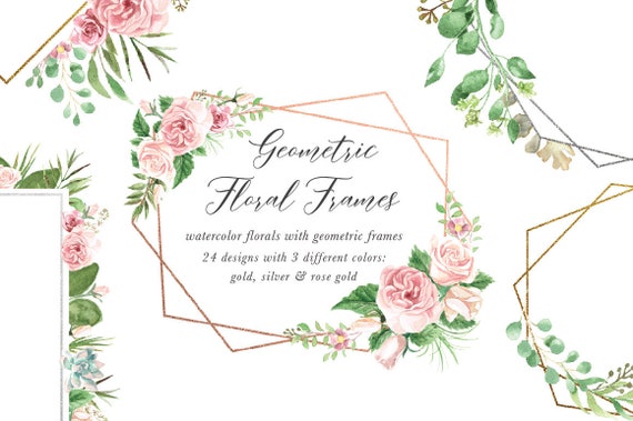 Watercolor Rose Clipart Set - Watercolor Flower Clipart - Silver Rose Gold Foil - Greenery Clip Art - Geometric Frame Clipart - Watercolour