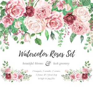 Aquarelle Rose Clipart - Marsala Rose - Aquarelle Floral Clipart - Bourgogne Clipart - Cadre & Bouquet Clipart - Fleurs Clipart