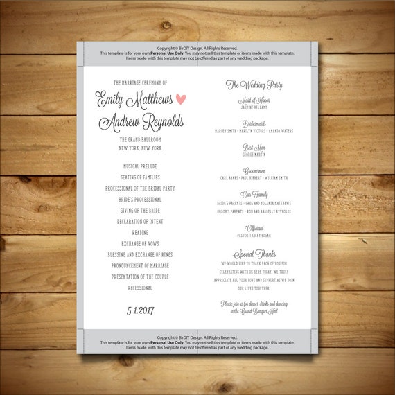 Printable Wedding Program Template Dark Grey Pink White Etsy