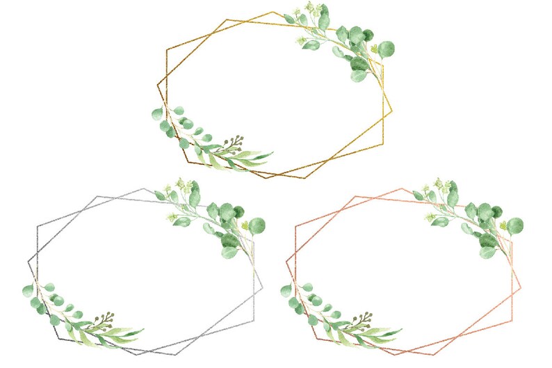 May include: Three geometric frames with watercolor greenery. The frames are gold, silver, and copper.