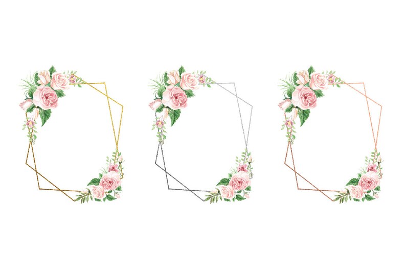 May include: Three geometric frames with pink roses and green leaves. The frames are gold, silver, and copper.
