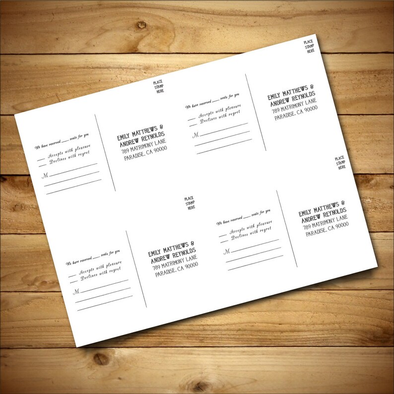 May include: Four white RSVP cards with black text. Each card has a space for the guest to write their name, check a box to accept or decline the invitation, and write a message. The cards also include the names "Emily Matthews & Andrew Reynolds" and their address. The text "Place Stamp Here" is printed on each card.