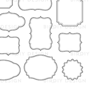May include: Set of ten black and white printable frame outlines. The frames are in various shapes, including square, rectangle, oval, and circle. The frames are perfect for adding a touch of elegance to your projects.