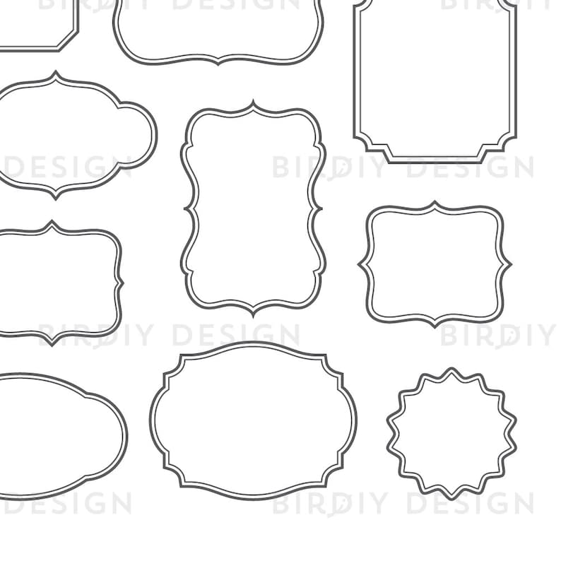 May include: Set of ten black and white printable frame outlines. The frames are in various shapes, including square, rectangle, oval, and circle. The frames are perfect for adding a touch of elegance to your projects.