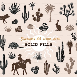 May include: A set of 44 black and brown desert-themed icons with solid fills. The icons include cacti, a snake, a scorpion, a tortoise, a lizard, a coyote, a rabbit, a cowboy riding a horse, and a variety of desert plants.