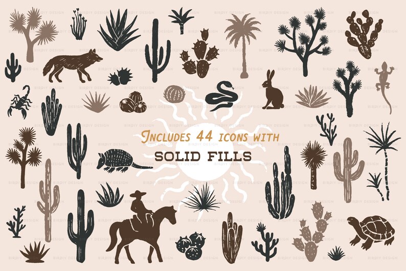 May include: A set of 44 black and brown desert-themed icons with solid fills. The icons include cacti, a snake, a scorpion, a tortoise, a lizard, a coyote, a rabbit, a cowboy riding a horse, and a variety of desert plants.