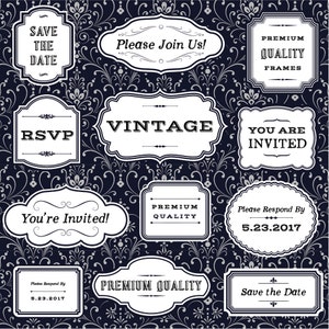 Op de afbeelding: Een set van tien vintage-stijl frames met sierlijke randen en zwarte tekst op een witte achtergrond. De frames bevatten tekst zoals "Save the Date", "RSVP", "You're Invited", "Vintage", "Please Join Us" en "Premium Quality Frames".