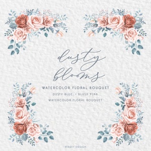 Watercolor Flower Clipart - Watercolor Bouquet Clipart - Dusty Blue, Dusty Rose, Blush Pink, Rose Gold - Wedding Clipart - Greenery Clip Art