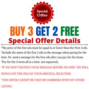 May include: A red, white and blue graphic with the text "BUY 3 GET 2 FREE" and "Special Offer Details". The text below explains the details of the offer, which includes buying three items and getting two free. The offer is valid for items of equal or lower price.