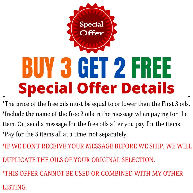 May include: A red, white and blue graphic with the text "BUY 3 GET 2 FREE" and "Special Offer Details". The text below explains the details of the offer, which includes buying three items and getting two free. The offer is valid for items of equal or lower price.