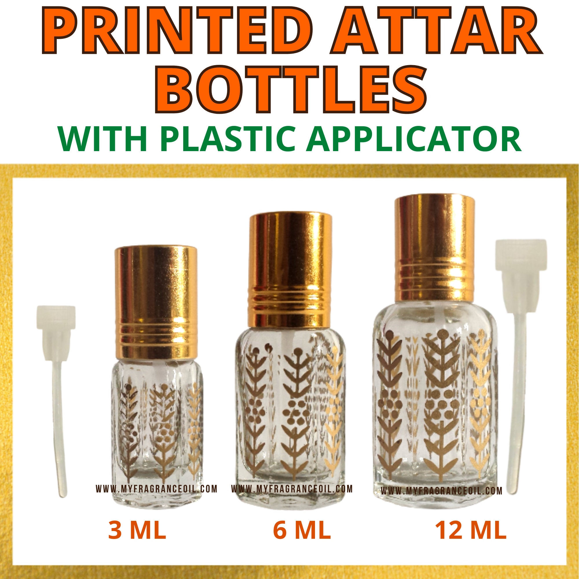 Empty Golden Printed Attar Bottles With Applicator (3ML, 6ML, 12ML